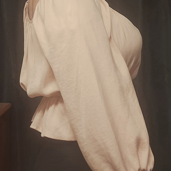 She + Sky Blush Pink Cropped Off Shoulder Long Sleeve Blouse - Picture 12 of 16